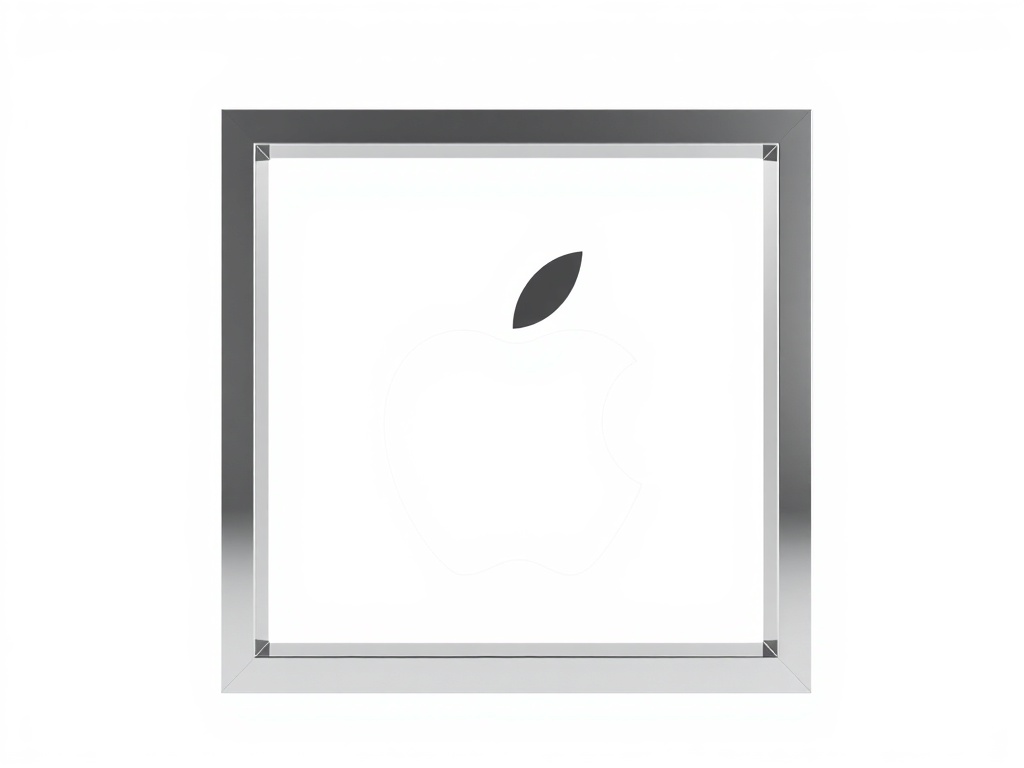A minimalist 3D render of an apple silhouette merged with a square window frame, polished chrome material, isolated on white, sharp reflections, clean design